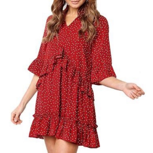 Dresses & Skirts - Red polkadot white Cocktail Dress Floral Sleeveless Dresses beach women dress​​​